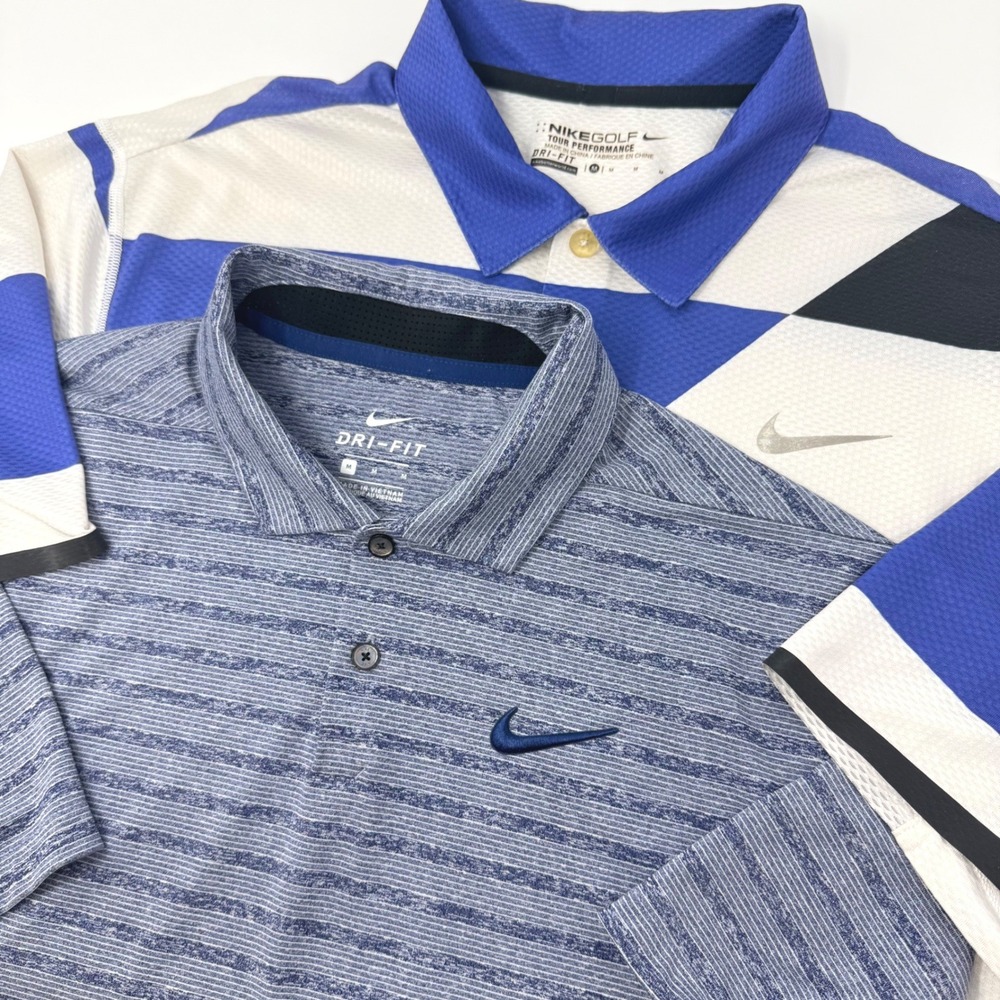 Nike Golf Dri-FIT Polo Shirt Lot‎ of 2 Mens Medium Blue Striped White Colorblock